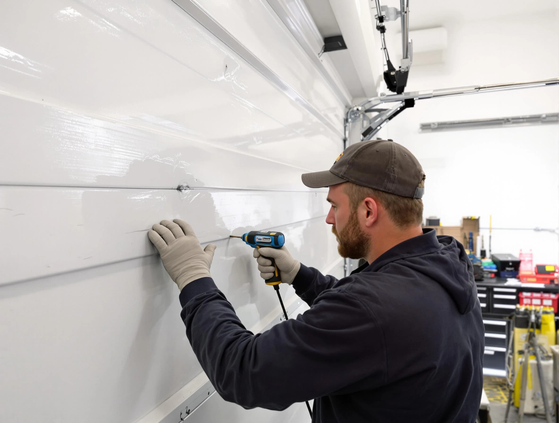 Fitchburg Garage Door Repair technician demonstrating precision dent removal techniques on a Fitchburg garage door