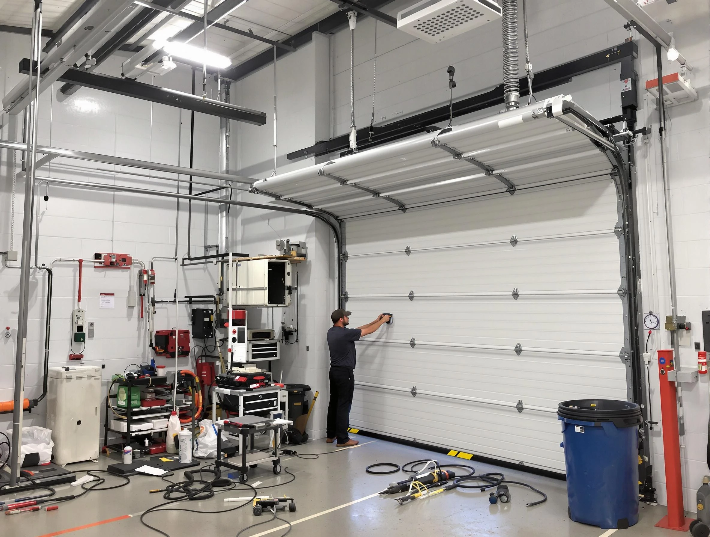 Fitchburg Garage Door Repair certified technician performing commercial door repair at a Fitchburg business facility