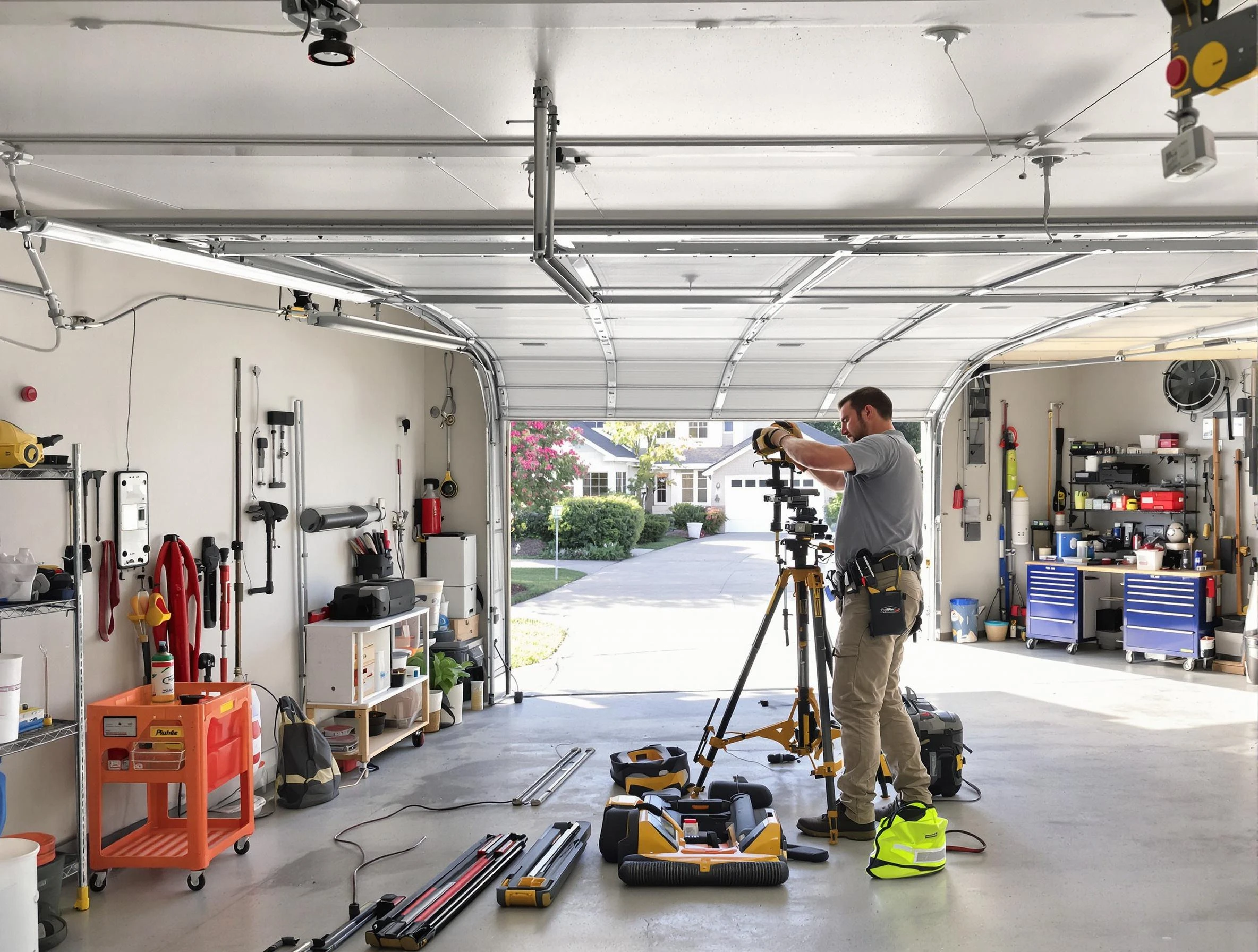 Fitchburg Garage Door Repair specialist performing laser-guided track alignment in Fitchburg